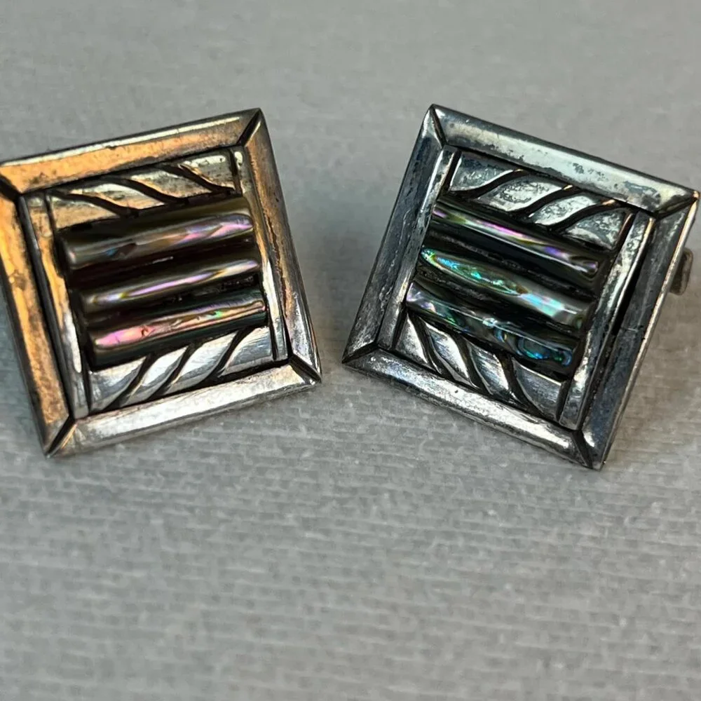 Vintage Silver Abalone Square Cuff Links Stamped 925/Handmade Formal Gift Weddin